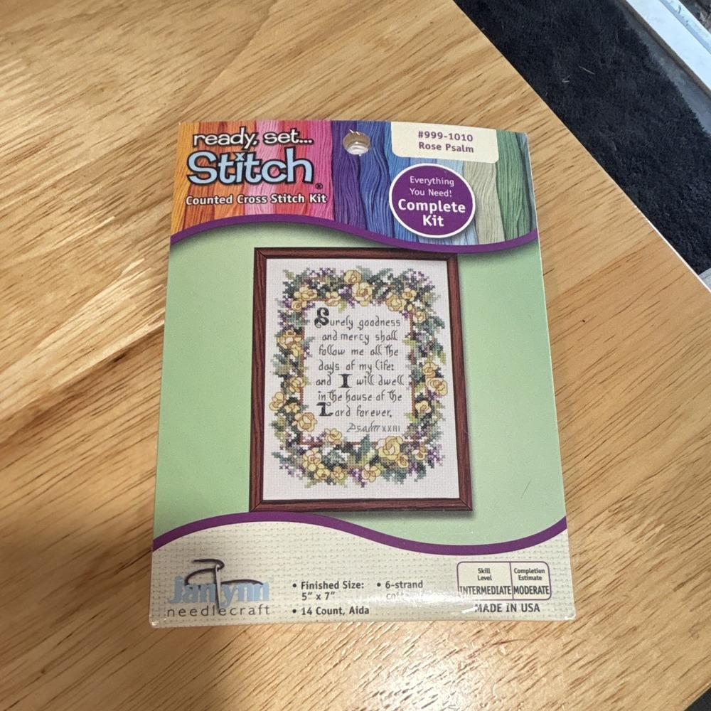New Sealed Janlynn Ready Set Stitch Cross Stitch Kit 999-1010 Rose Psalm, Needle